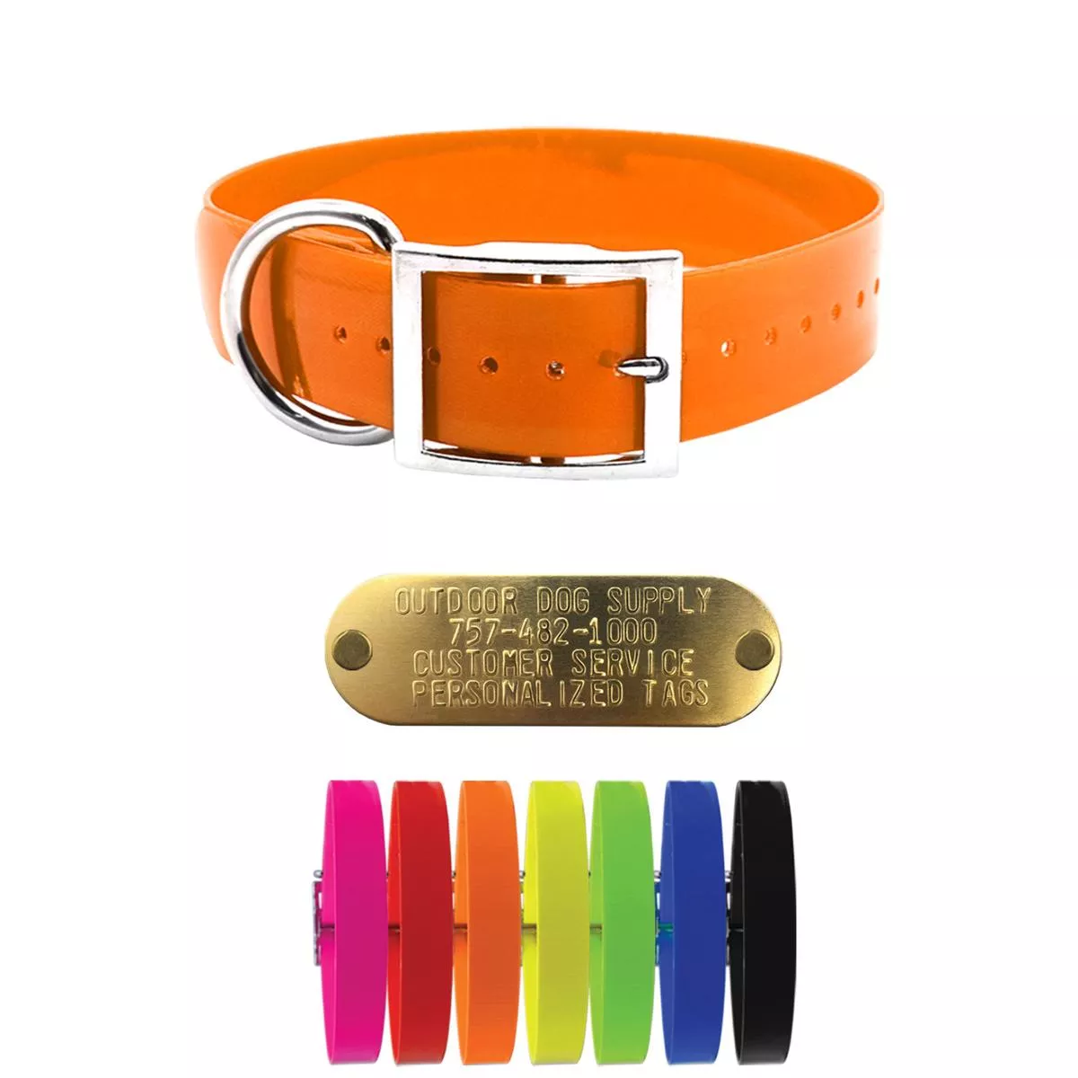 1 1/2″ Solid Premium Glow Tuff D Ring Large Dog Collar with 1″ Brass Name Plate