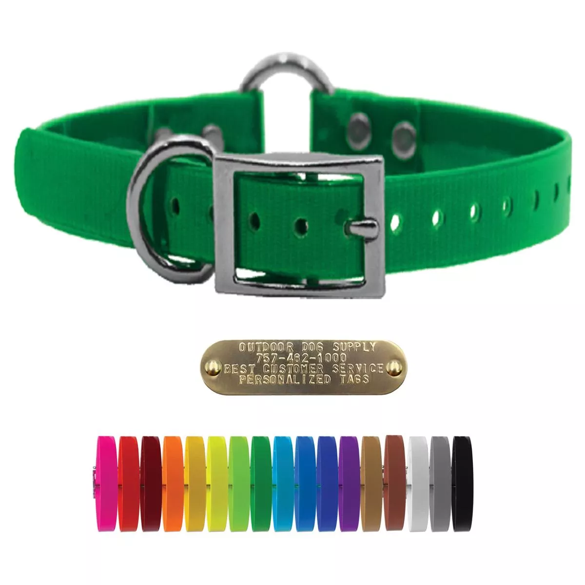 1″ Solid Premium Glow Tuff Center Ring Dog Collar with Brass Name Plate