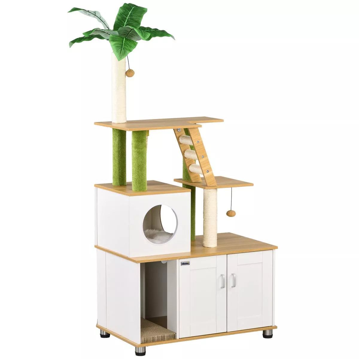 2 in 1 Hidden Cat Litter Box and Cat Tree with Scratching Posts and House, Oak