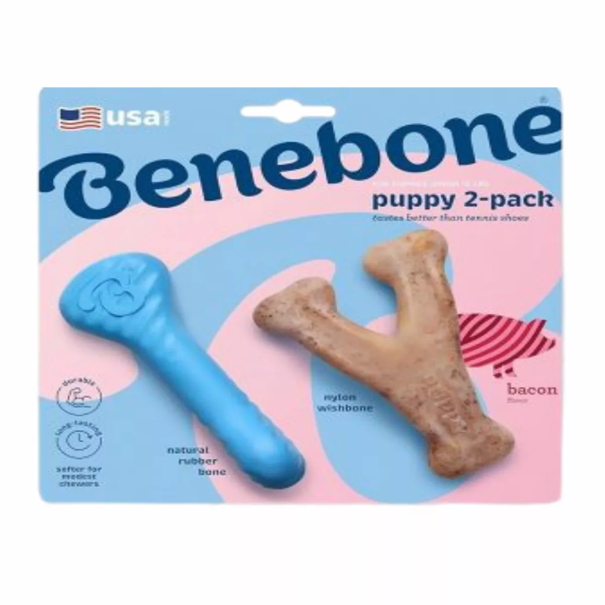 Benebone Puppy Rubber Bone and Bacon Wishbone Chews X Small 2 Pack