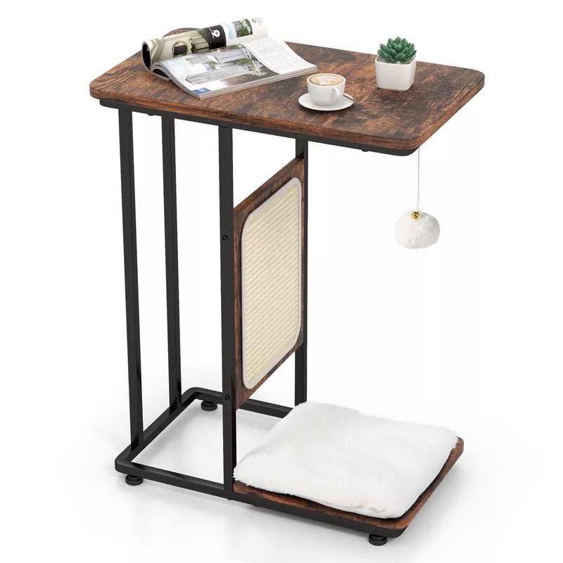 C-Shaped Cat Side Table, Cat Tree With Scratching Board, Rustic Brown – Rustic Brown