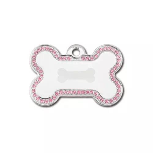 Dog ID Tag - Chrome Bone with Pink Rhinestones