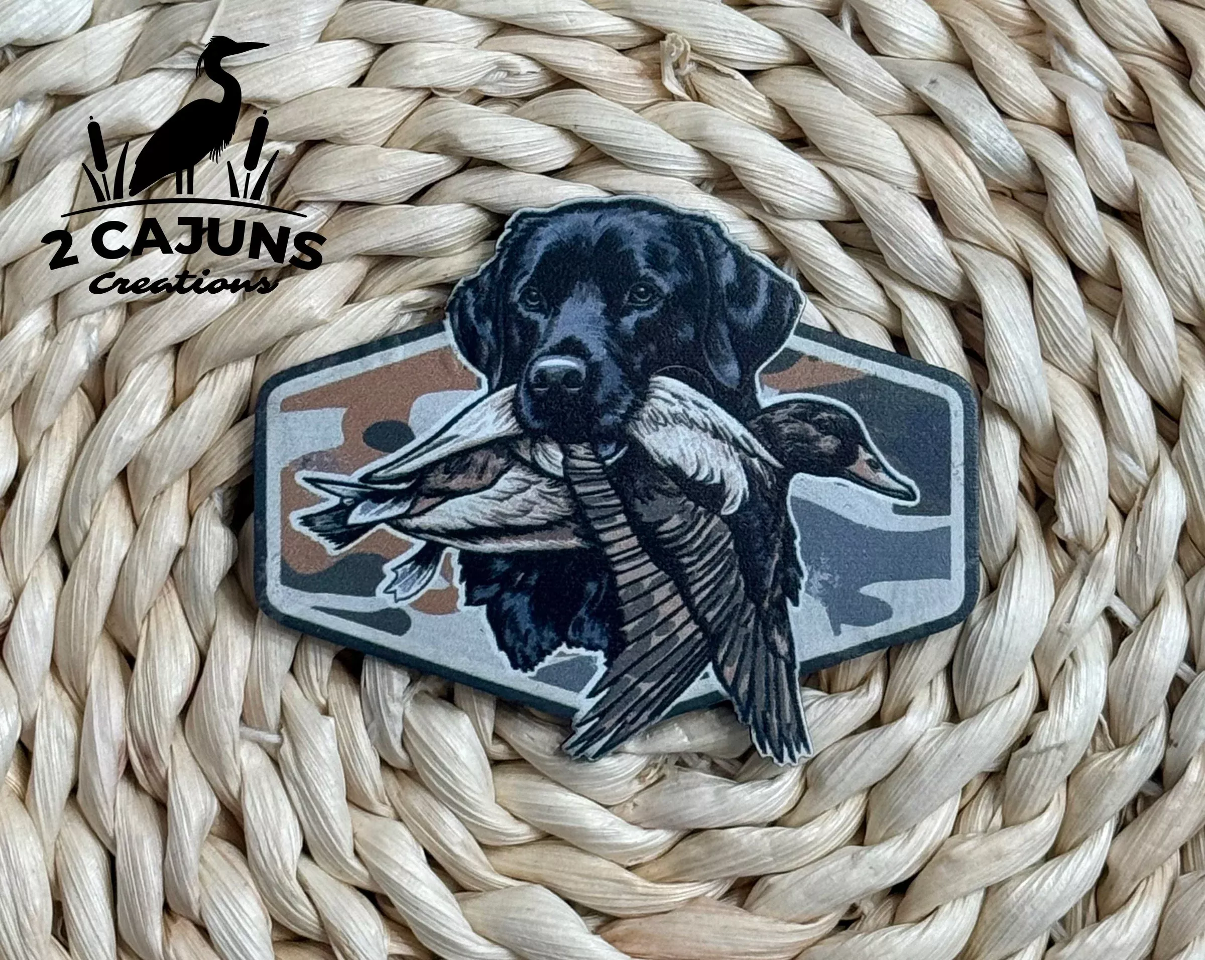 Duck Hunting Dog Camo UV Printed Leatherette Hat Patch