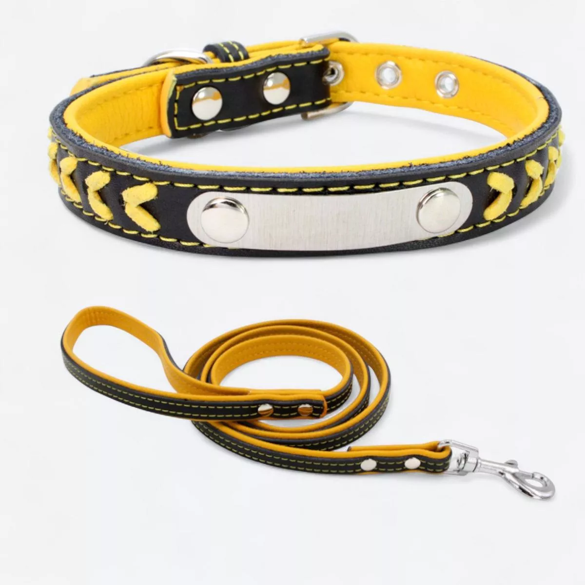 Engraved Leather Dog Collar Leash Set