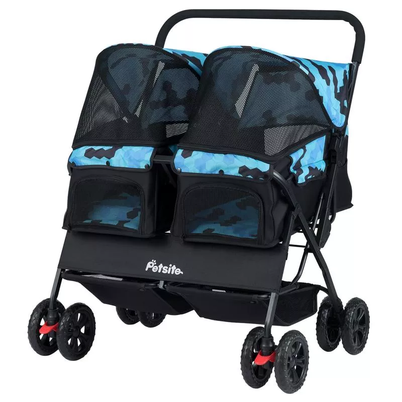 Foldable Double Pet Stroller, Adjustable Sunshade, Storage Basket, Navy – Navy