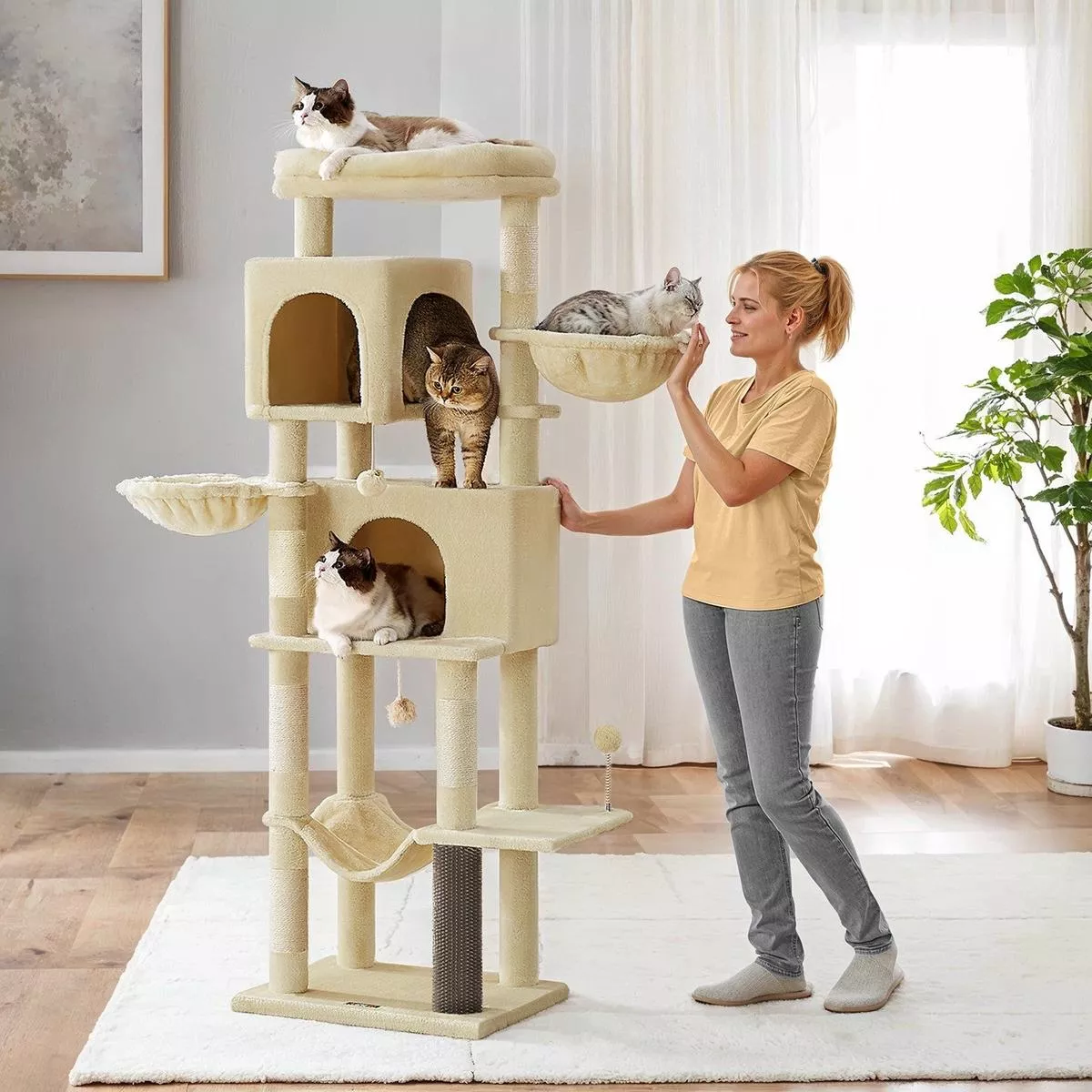 Large Multi Level Cat Tree Tower with 2 Spacious Caves and Platforms by Feandrea, Beige