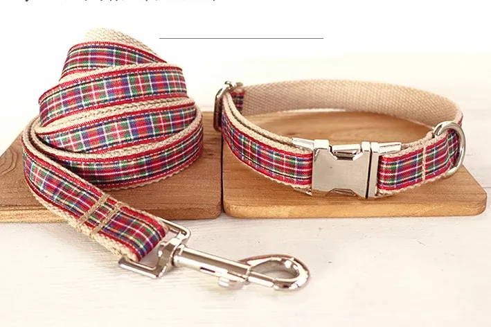 Red Plaid Dog Collar Leash