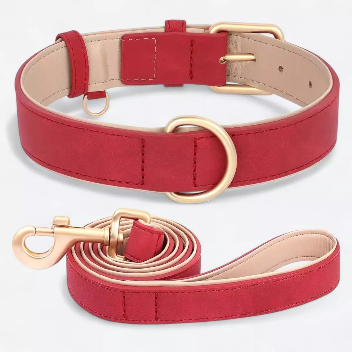 Soft Leather Dog Collar Leash Set