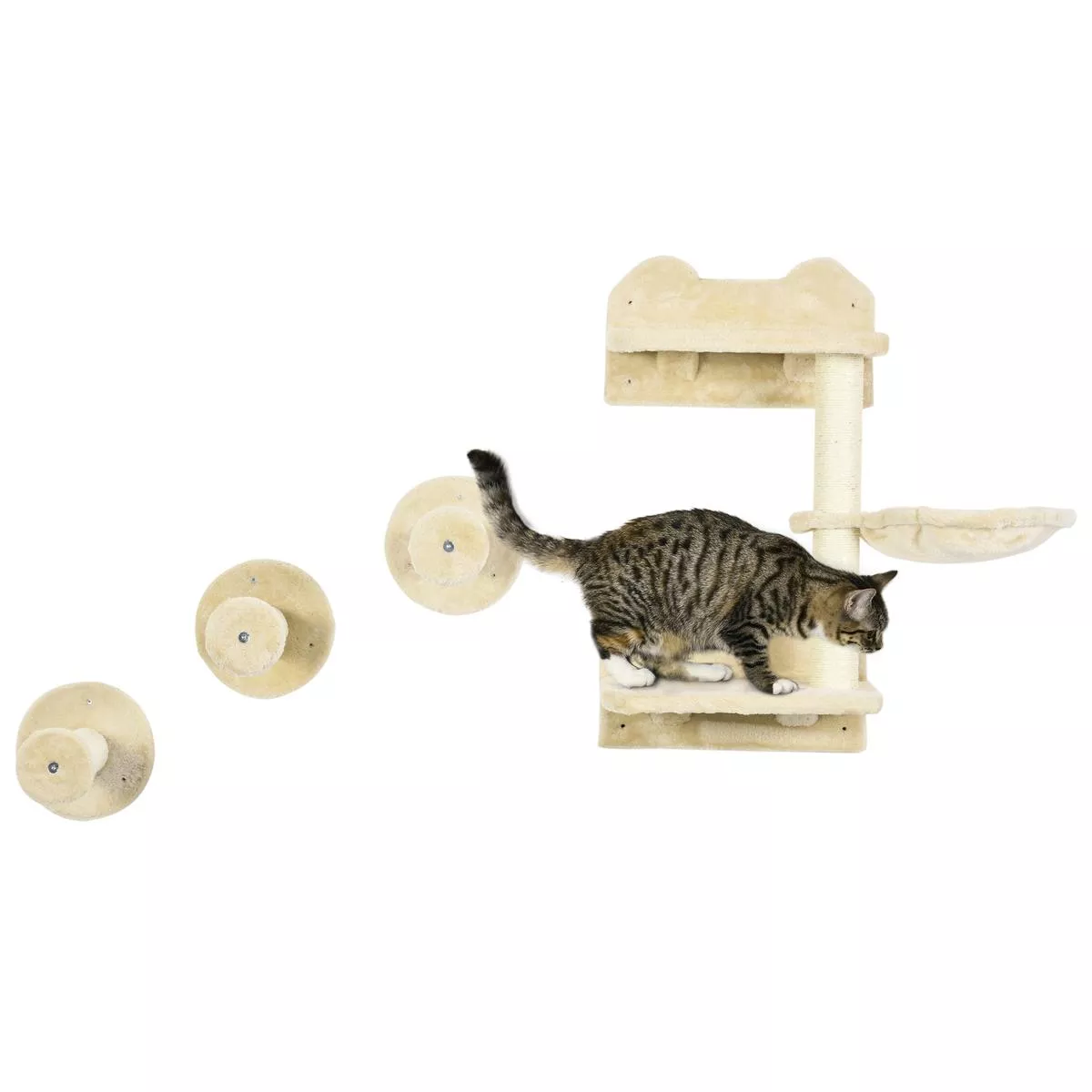 Wall Mounted Cat Tree with Scratching Post for Indoor Cats 4 Piece Space Saving Set, Beige